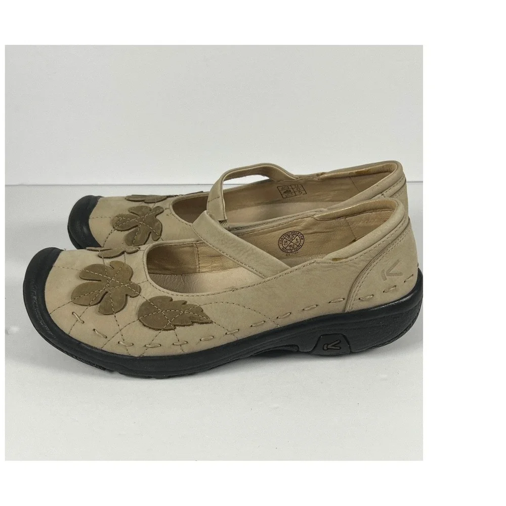 Keen Mary Jane Shoes Beige Leather Floral Leaf Applique Comfort Flats Womens 8.5